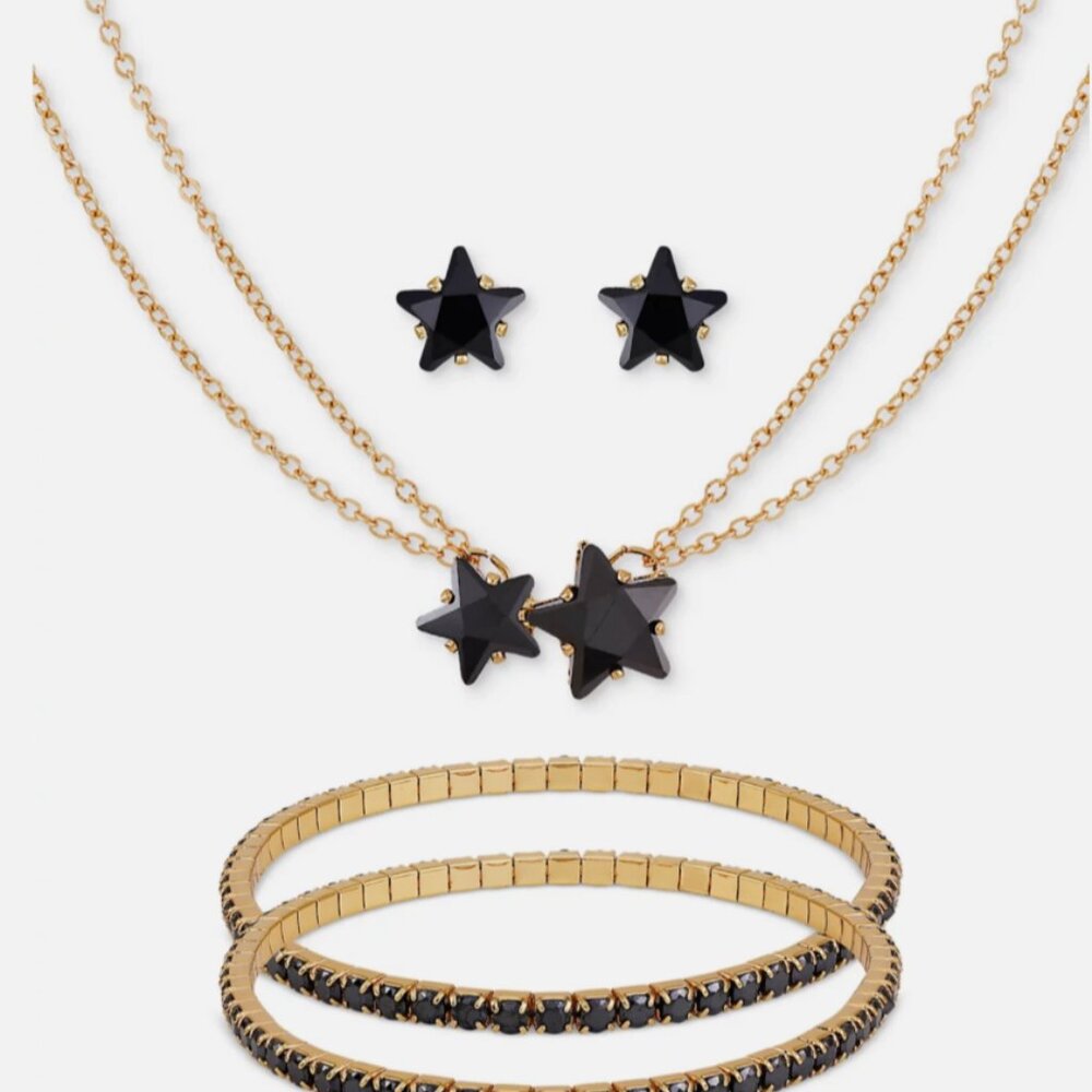 Gold & Black Star Jewelry Set Necklace, Stud Earrings & Bracelets Elegant Gift